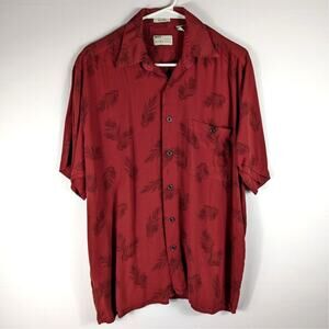 Natural Issue Mens M Rayon Camp Shirt Red Palm Leaf Print Button Front Silky Top